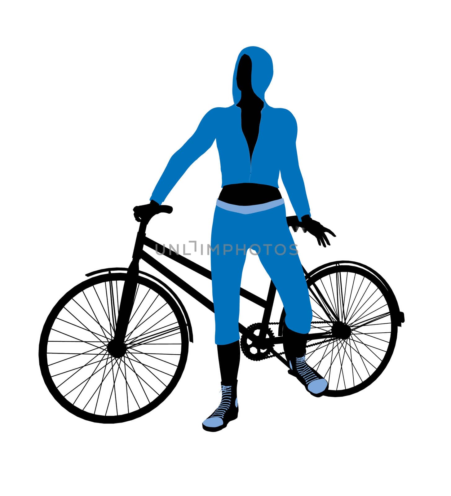 Female bicycle rider silhouette in a blue outfit on a white background