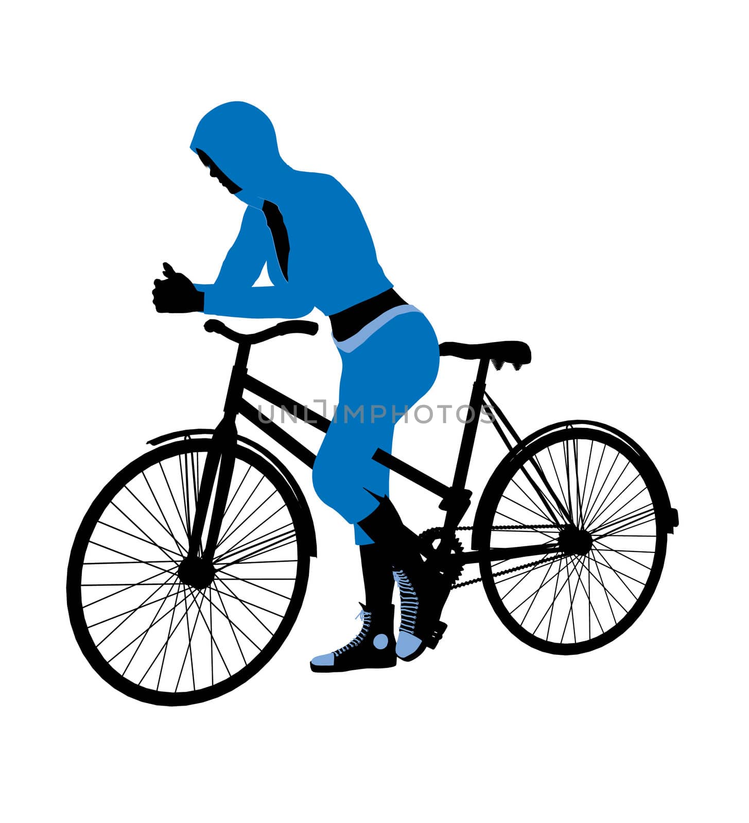 Female bicycle rider silhouette in a blue outfit on a white background