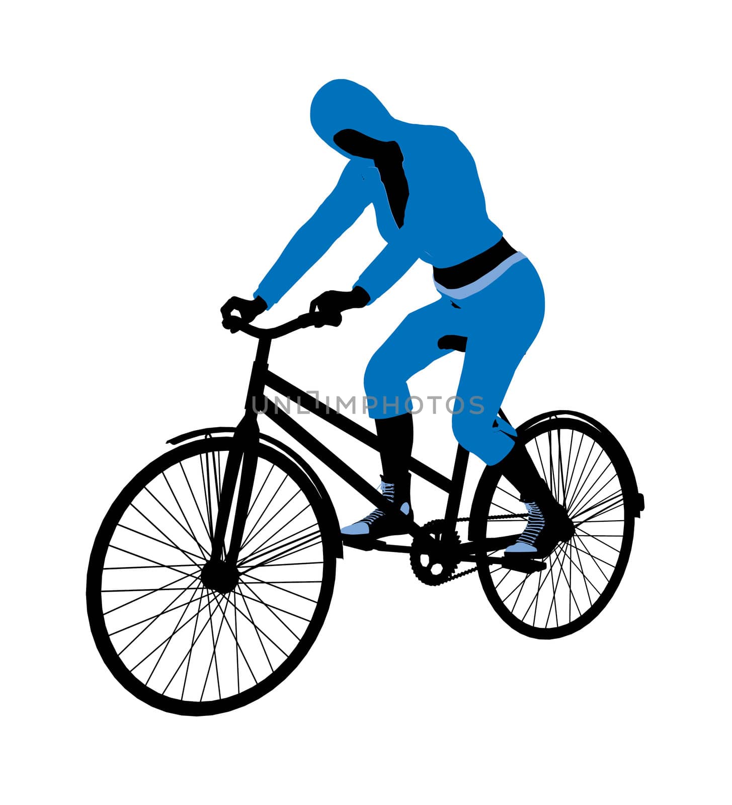 Female bicycle rider silhouette in a blue outfit on a white background
