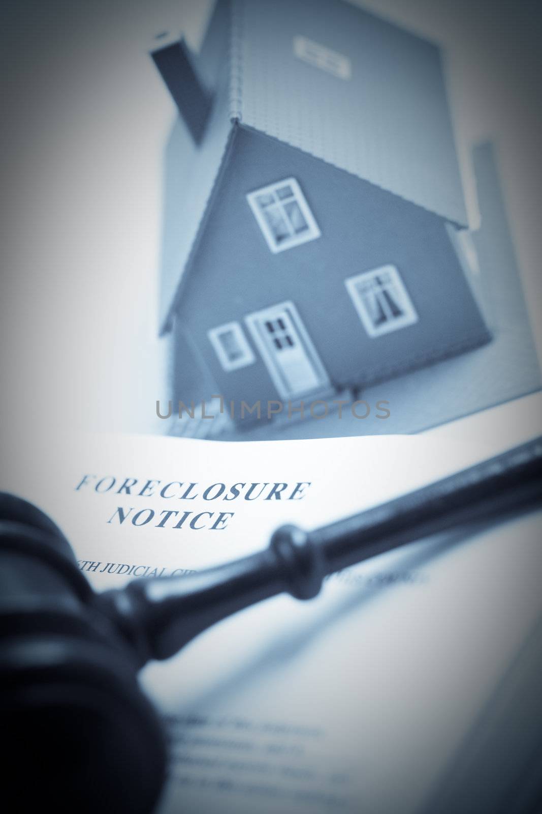 Foreclosure Notice, Gavel and Model Home Duotone with Selective Focus.