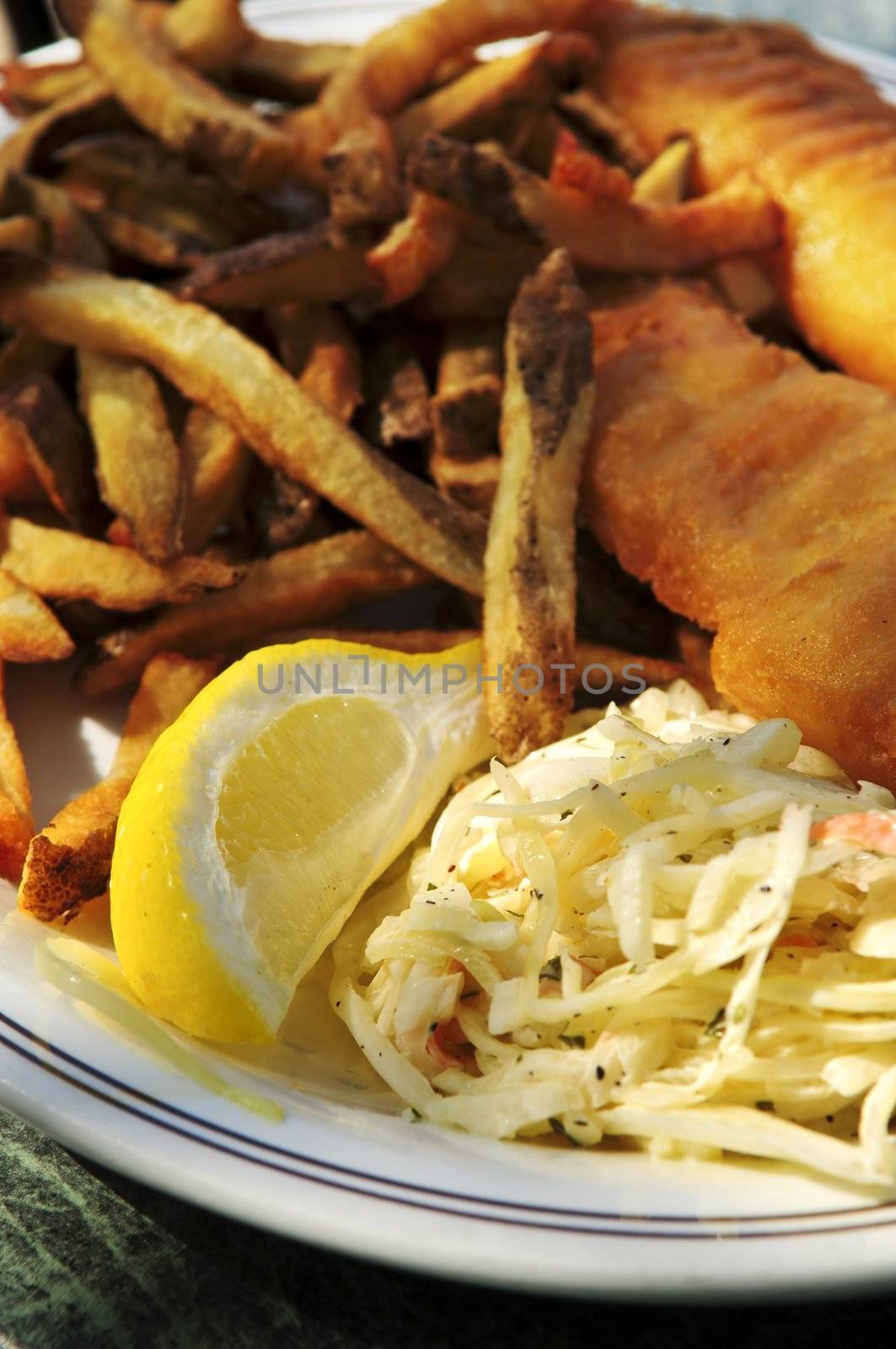 Fish and chips on a plate with coleslaw