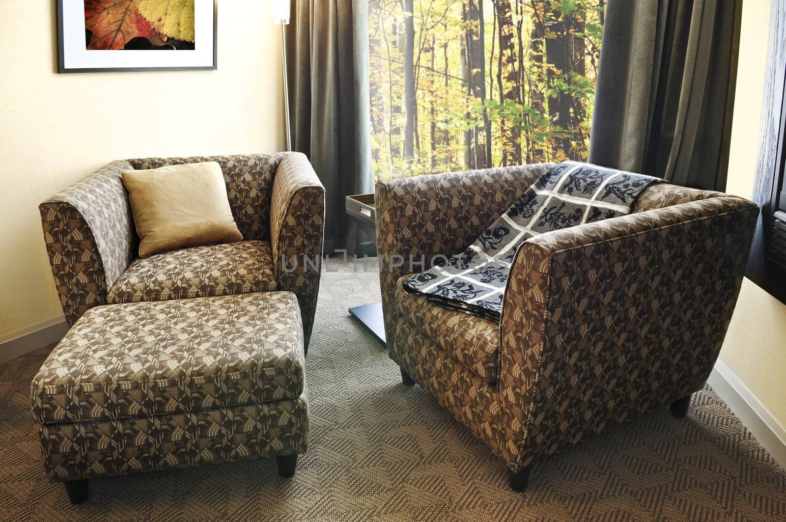 Comfortable armchairs with cushion and ottoman. Photo on the wall is my own.