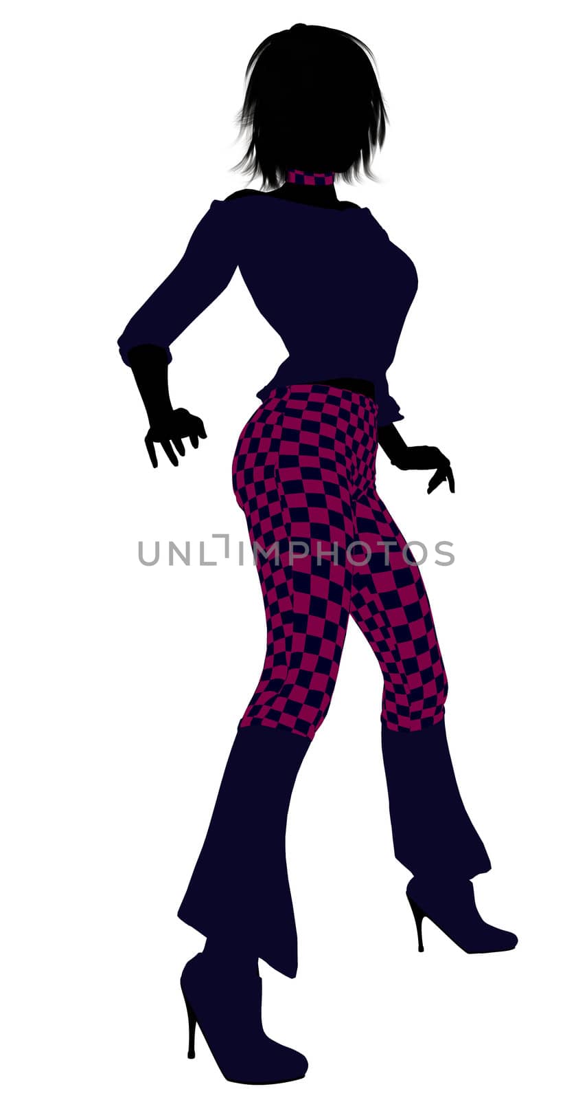 A girl silhouette dressed in a pink checkered outfit on a white background