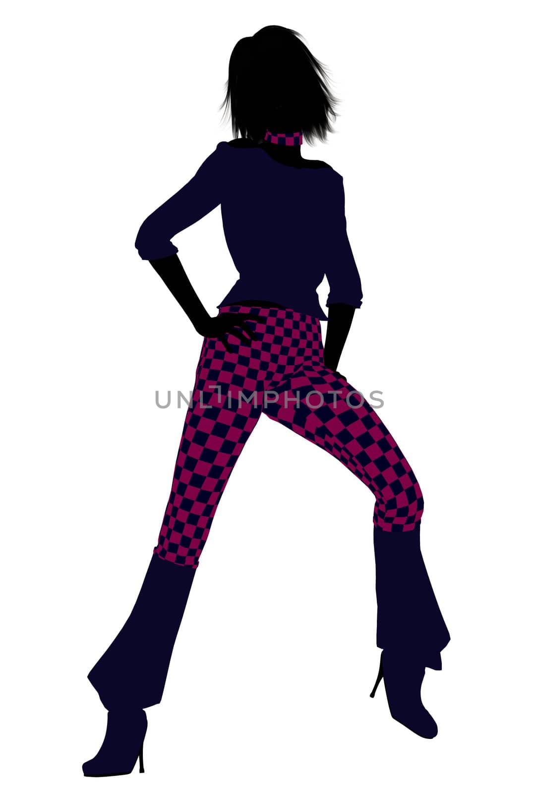 A girl silhouette dressed in a pink checkered outfit on a white background