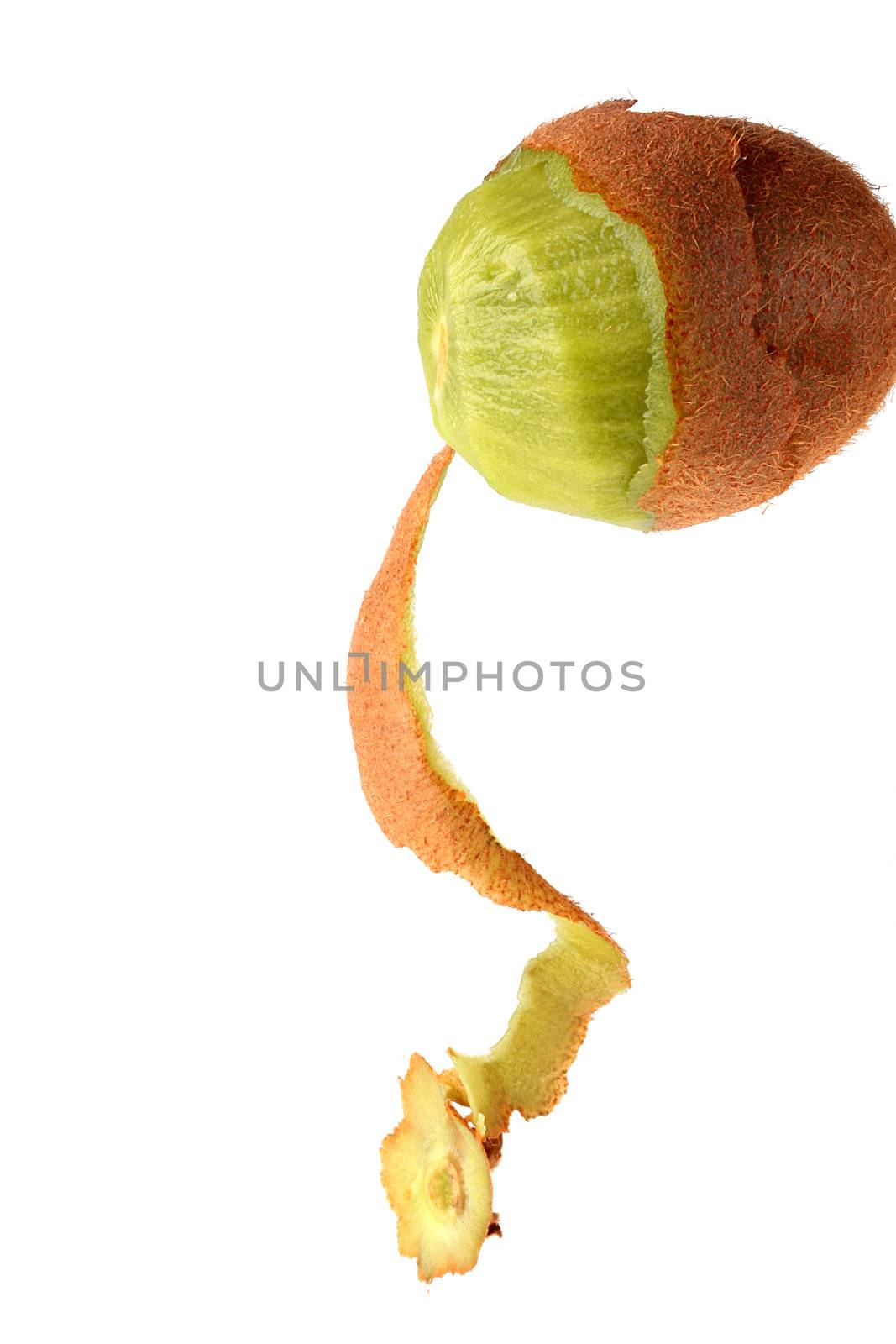 Tropical fruit kiwi in the course of its clearing of a peel.
