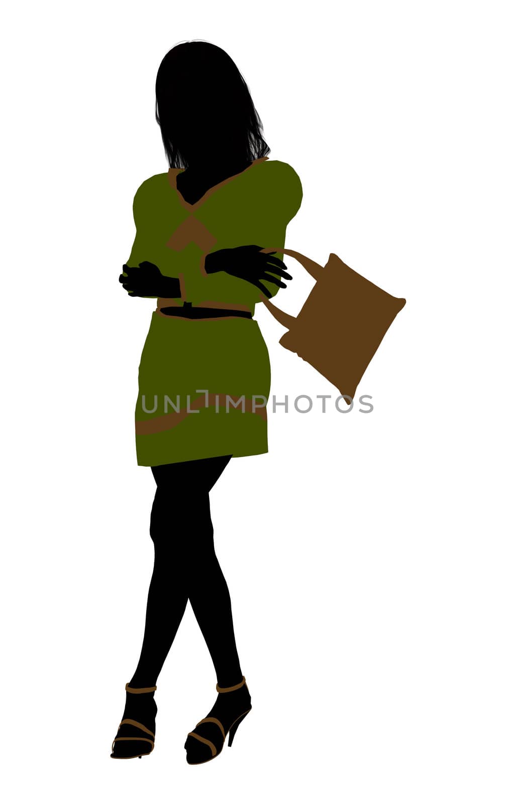 A girl silhouette fashionably dressed in a green outfit on a white background