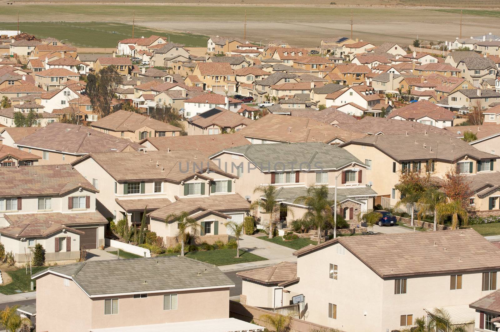 Elevated View of New Contemporary Suburban Neighborhood.