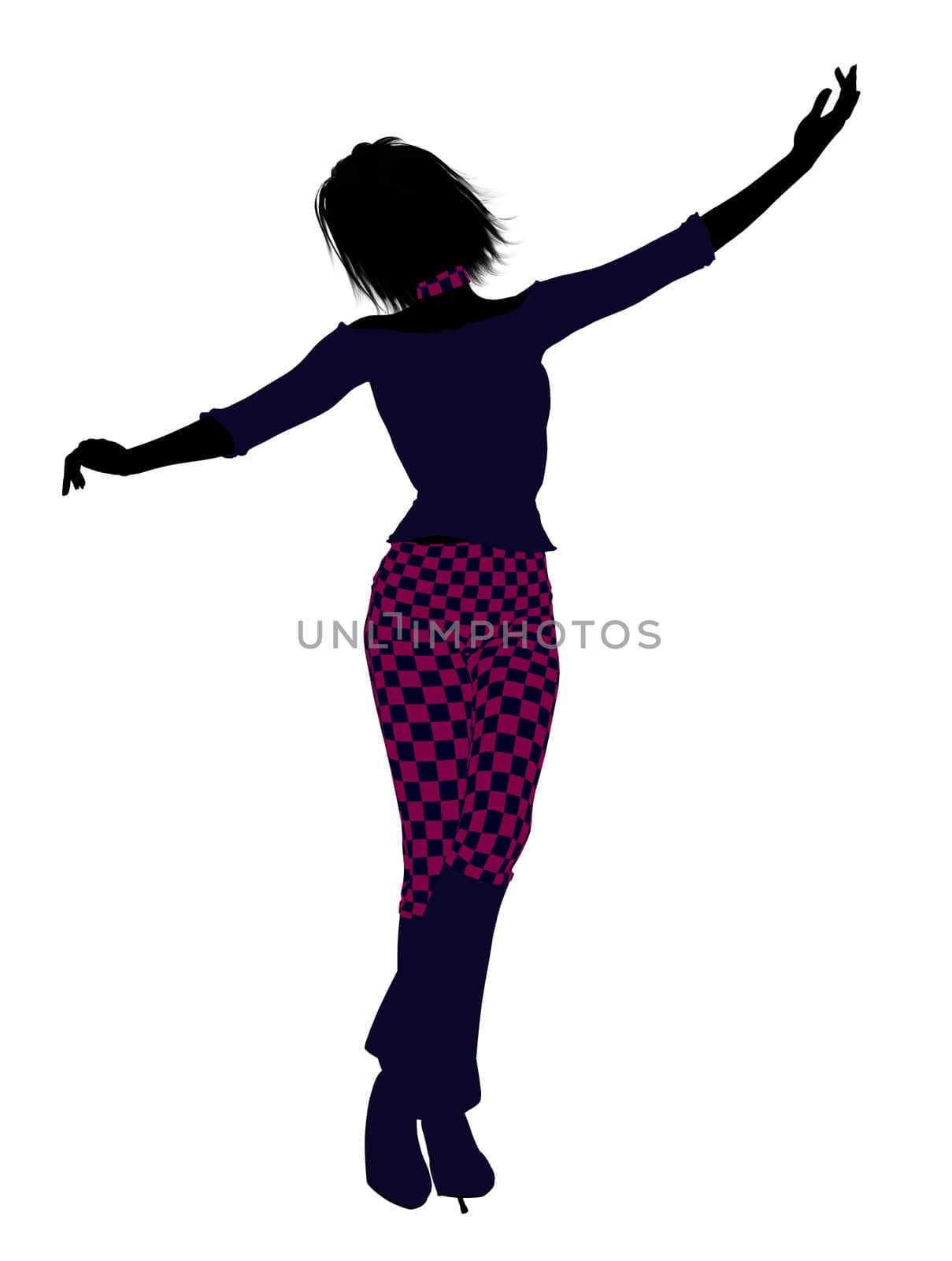 A girl silhouette dressed in a pink checkered outfit on a white background