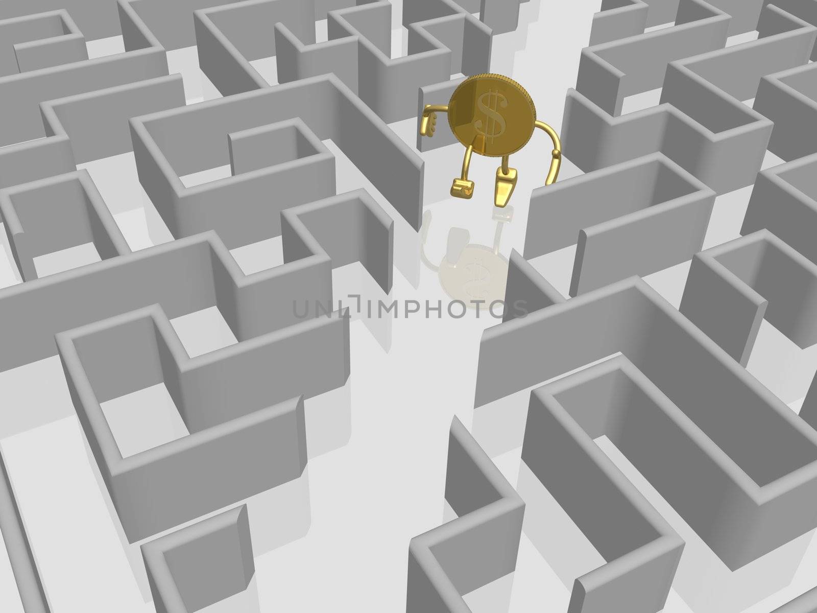 The gold dollar runs in a labyrinth