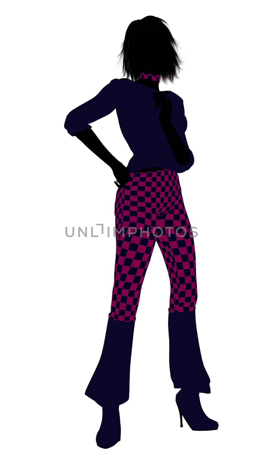 A girl silhouette dressed in a pink checkered outfit on a white background