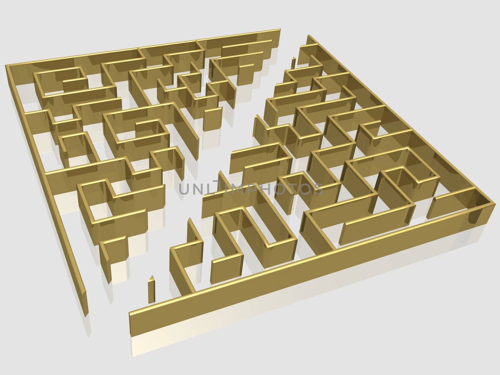 The gold labyrinth with reflection. 3D image.