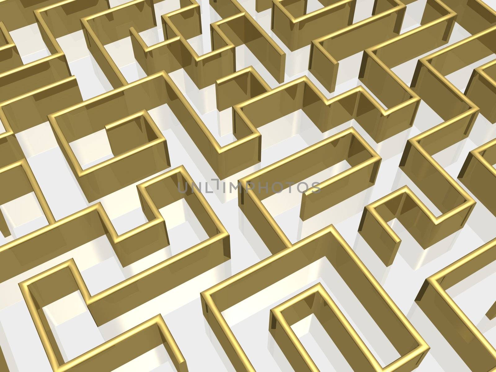 The gold labyrinth with reflection. 3D image.