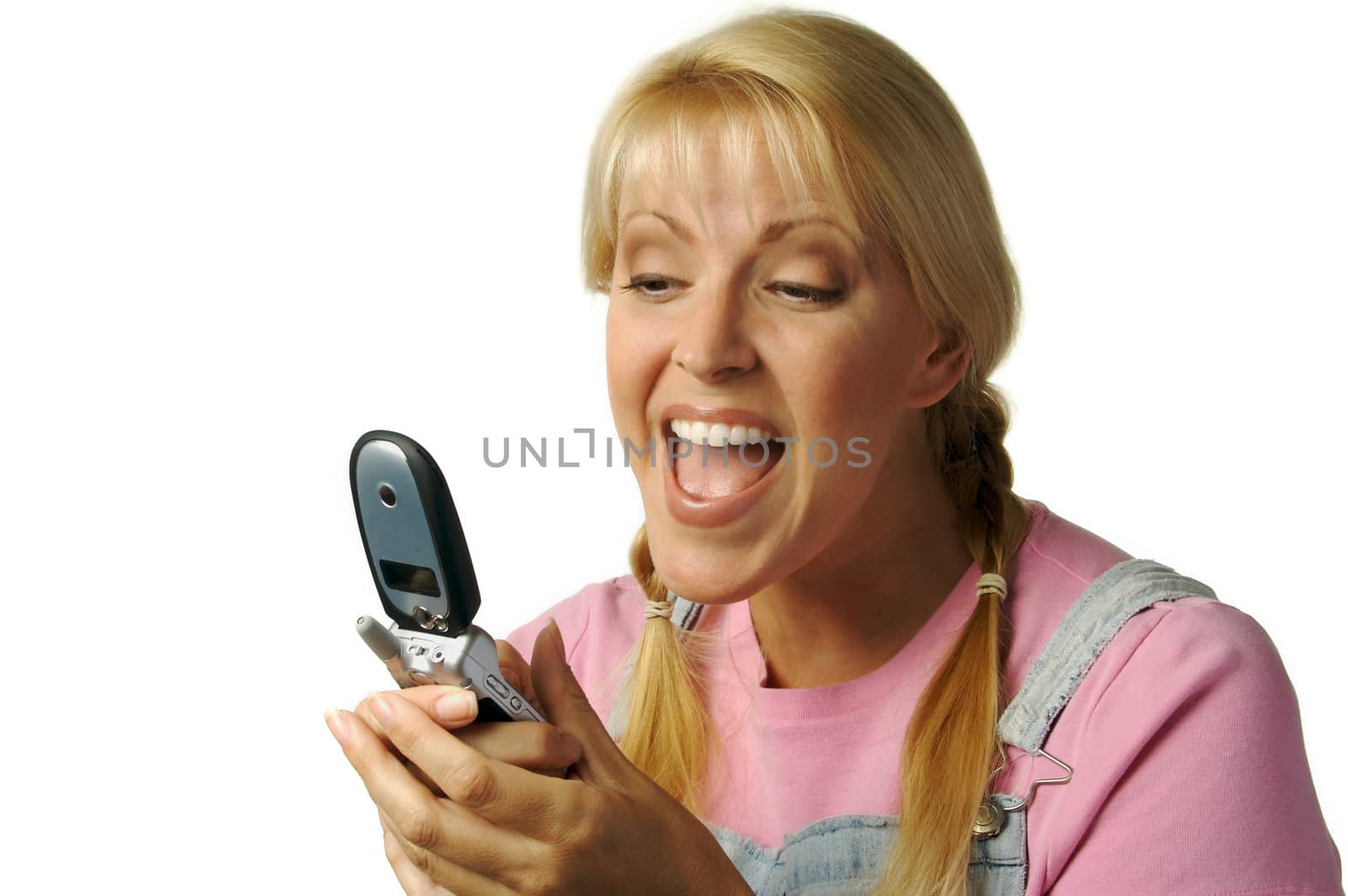 Happy Girl Texting with Cell Phone on a white background.