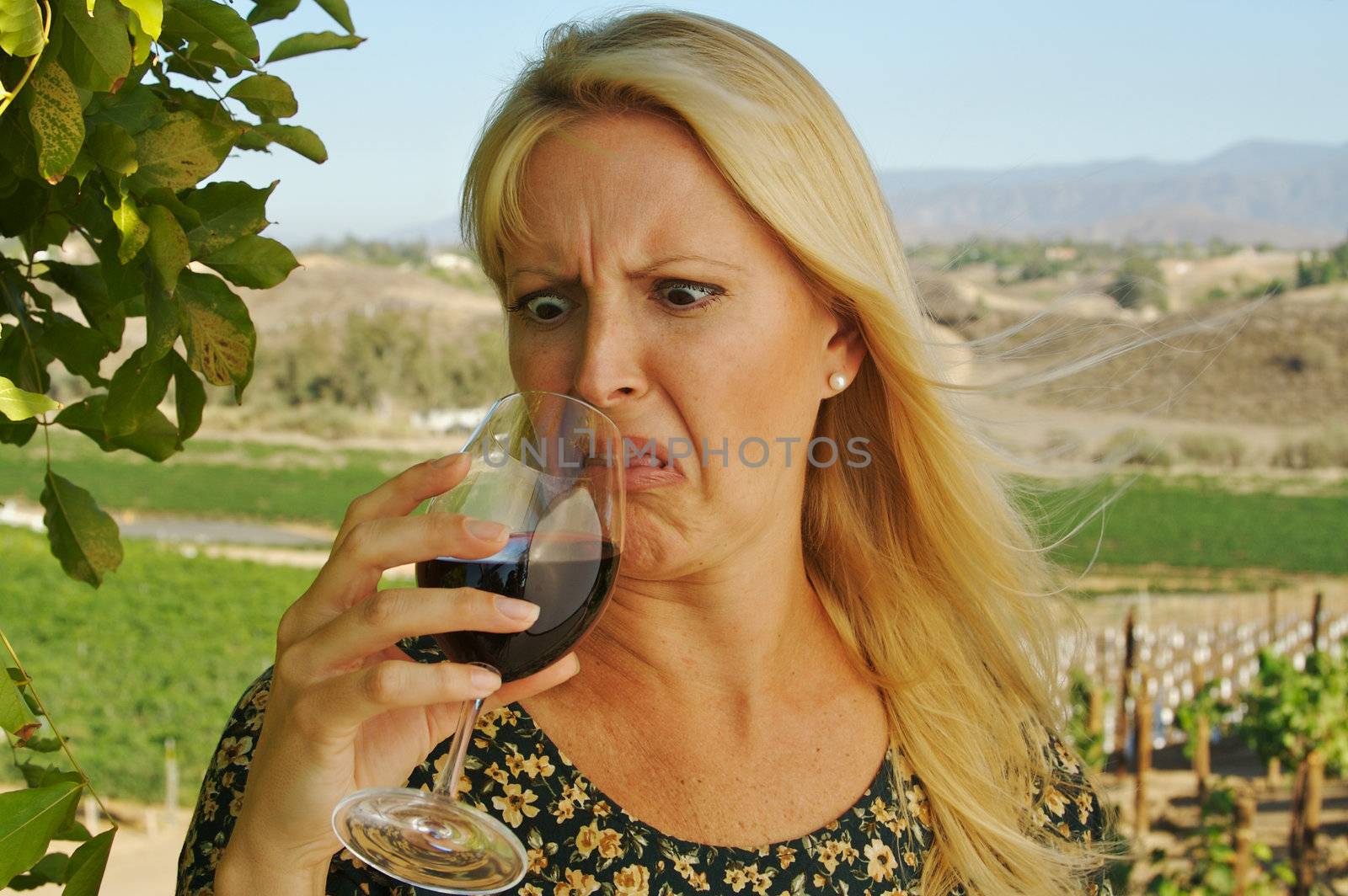 Shocked Attractive Woman Sips Wine at a Winery in the country.