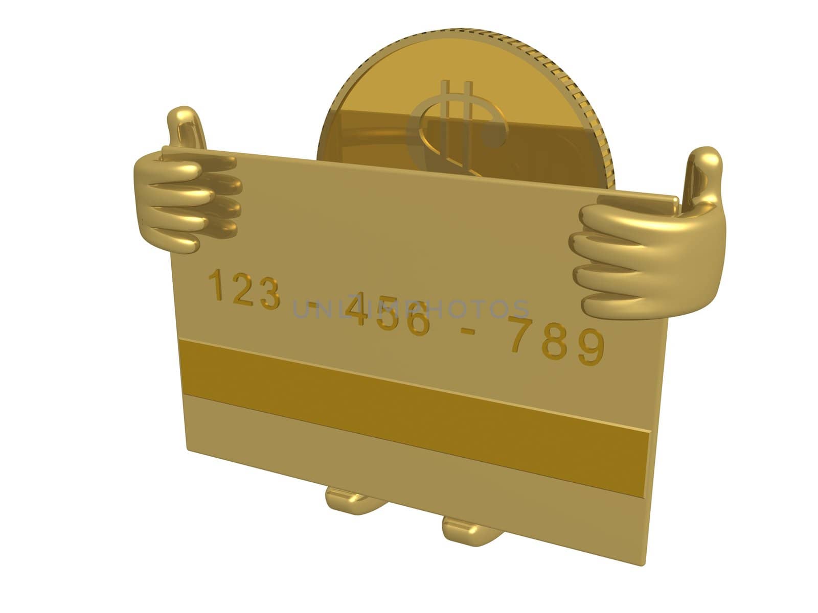 Gold dollar with a credit card in hands