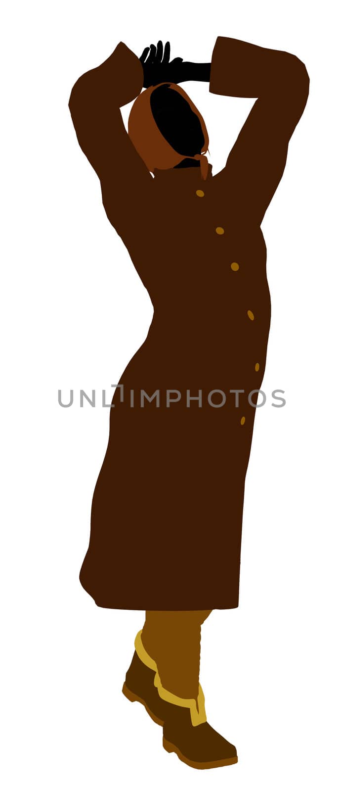 Old lady silhouette dressed in a trench coat on a white background