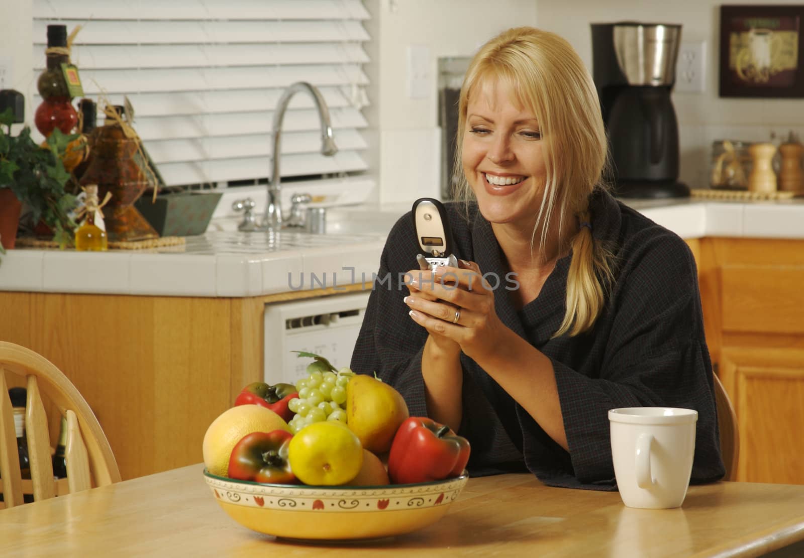 Woman in her kitchen texting with her cell phone.