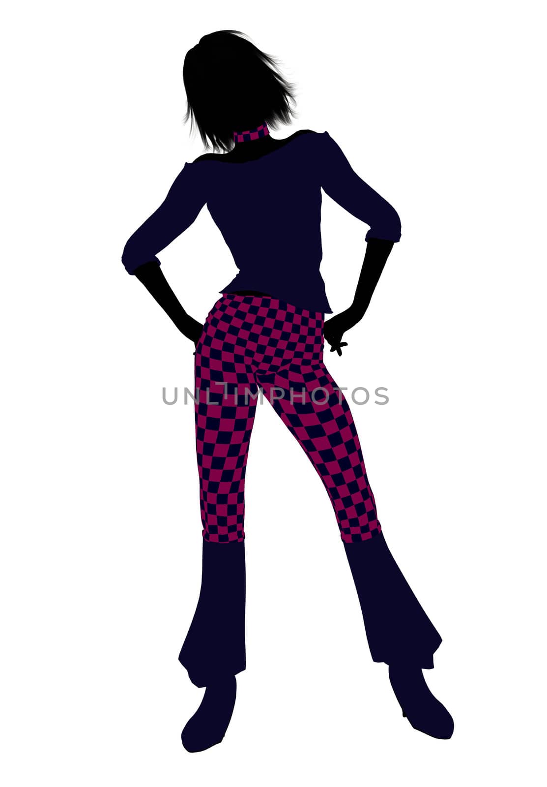 A girl silhouette dressed in a pink checkered outfit on a white background
