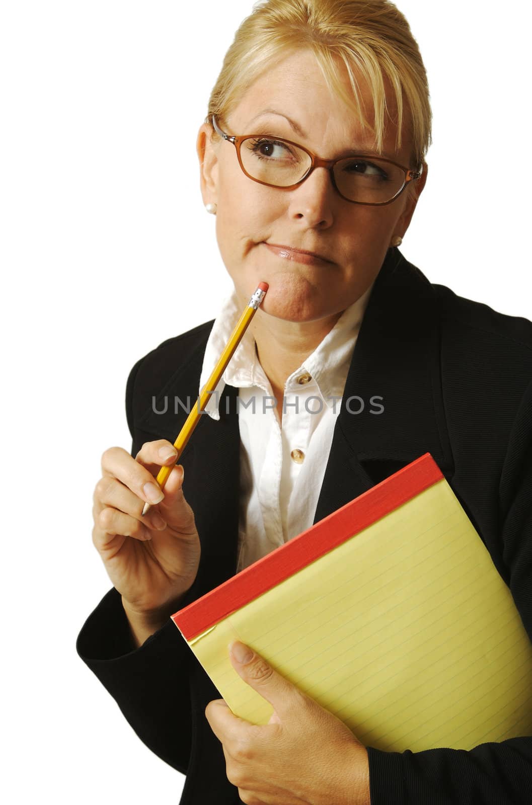 Beautiful Woman Thinks with Pencil & Notepad on a White Background.