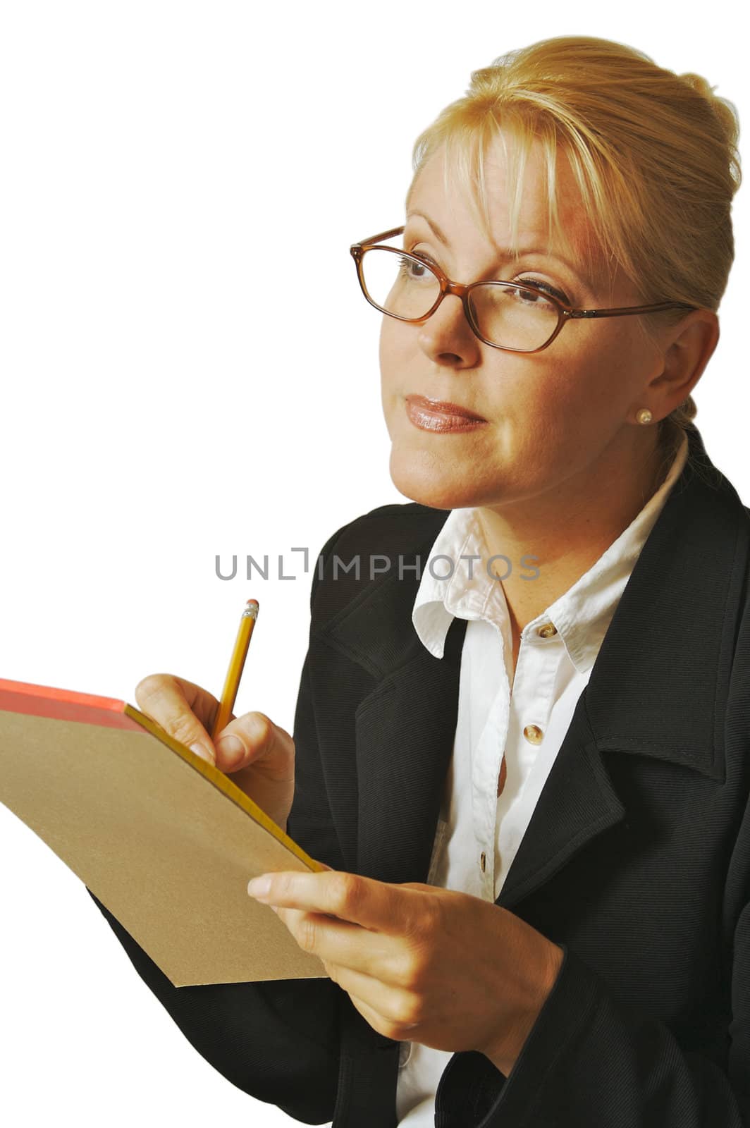Beautiful Woman Thinks with Pencil & Notepad on a White Background.