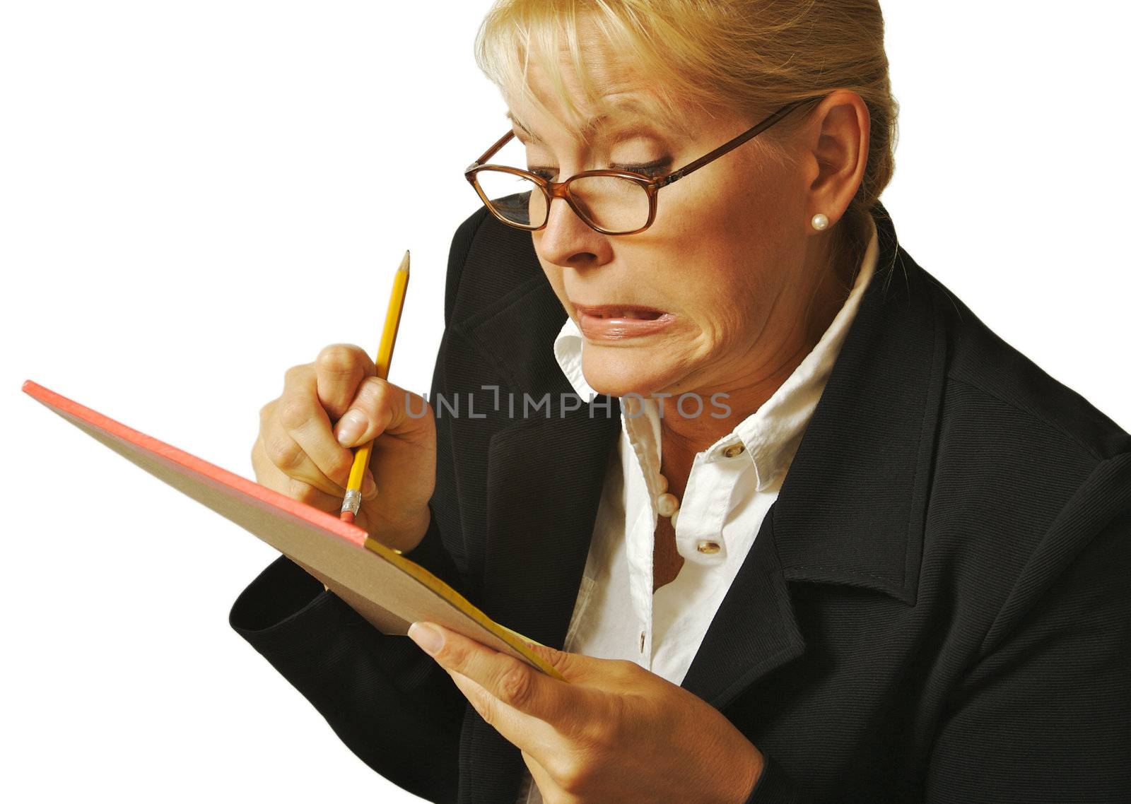 Female Erases Mistake on her Notepad on a white background.