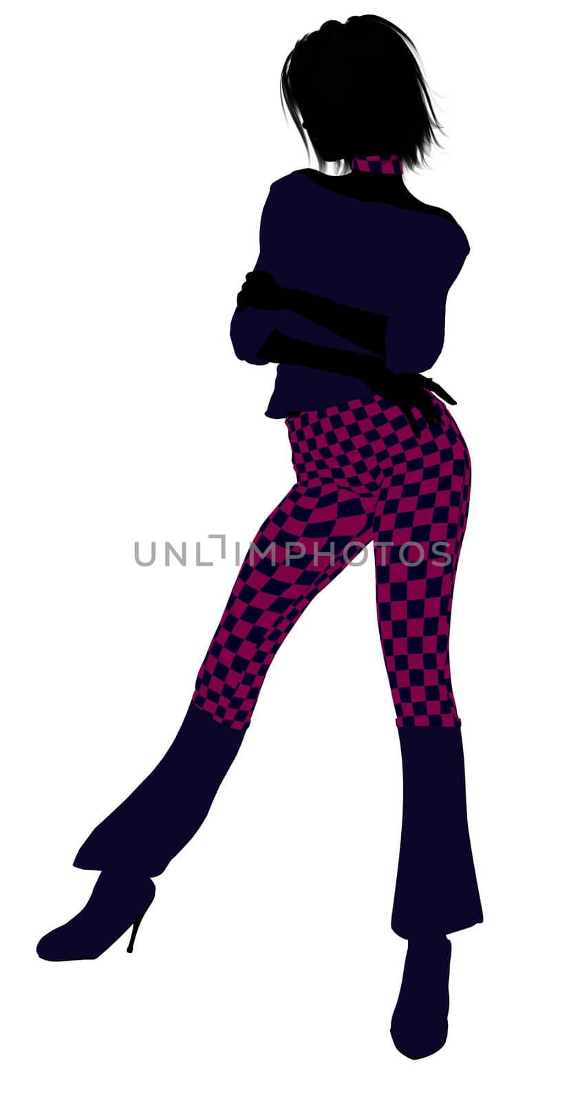 A girl silhouette dressed in a pink checkered outfit on a white background