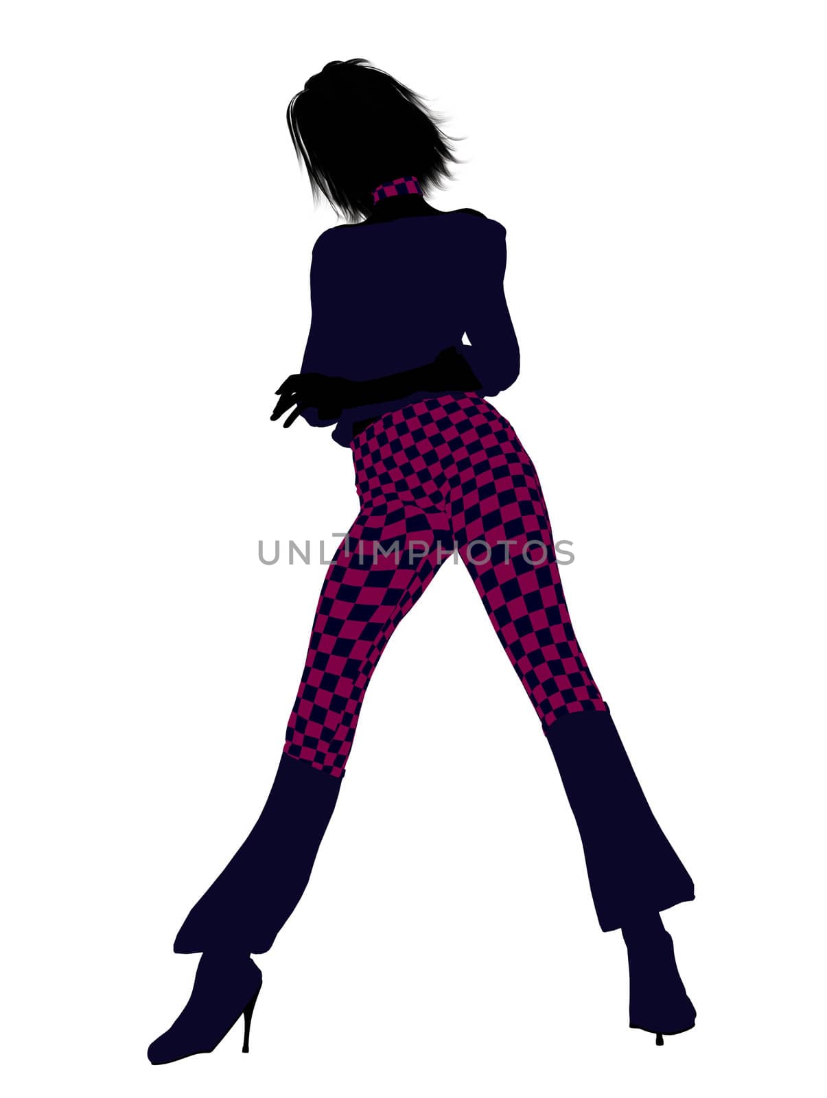 A girl silhouette dressed in a pink checkered outfit on a white background