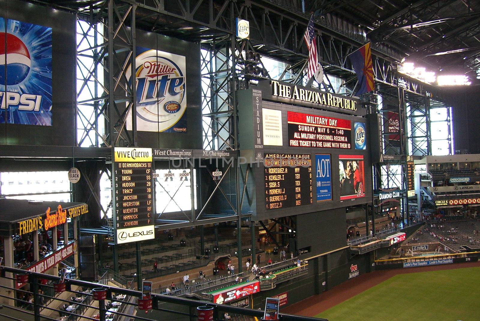 Large scoreboard displayed at Phoenix baseball field, under a closed dome.