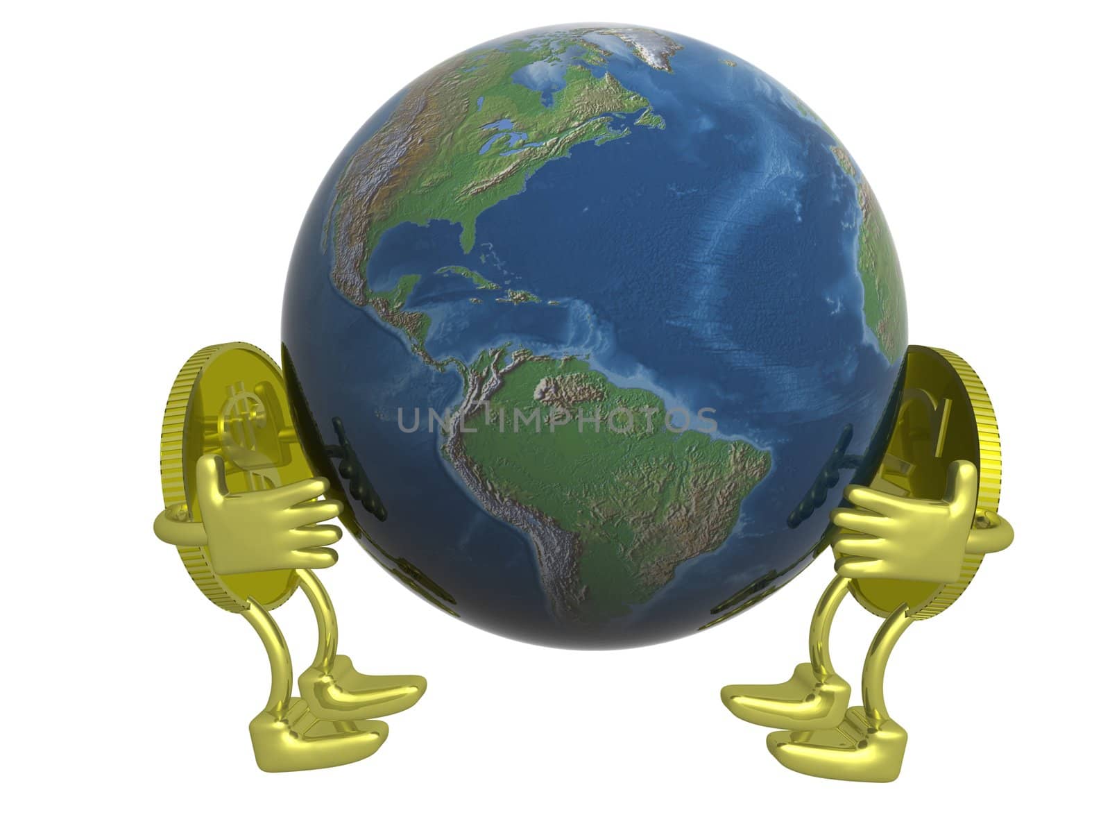 Dollar and euro holding the globe. 3D image.