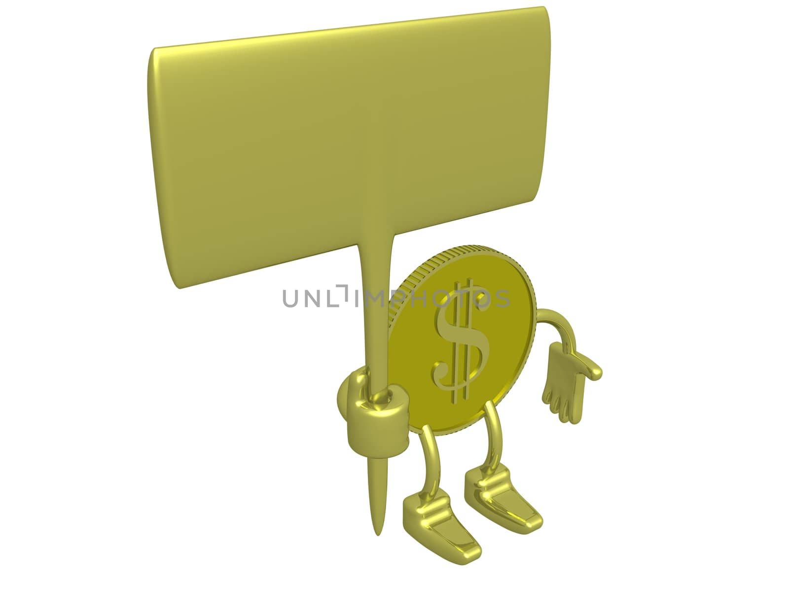 Gold dollar a holding banner. 3D image.