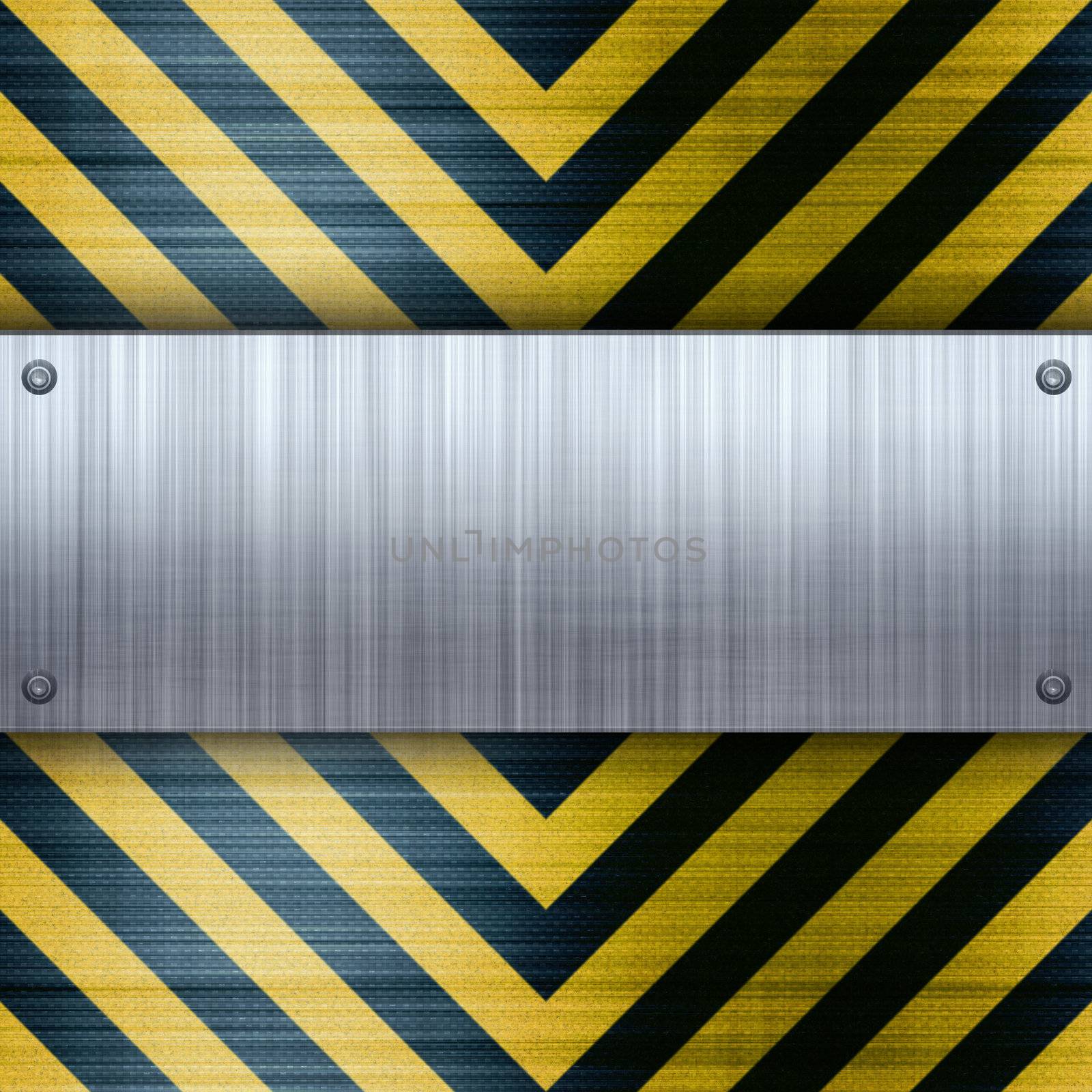 A riveted brushed aluminum plate on a construction hazard stripes background with carbon fiber inlay. 