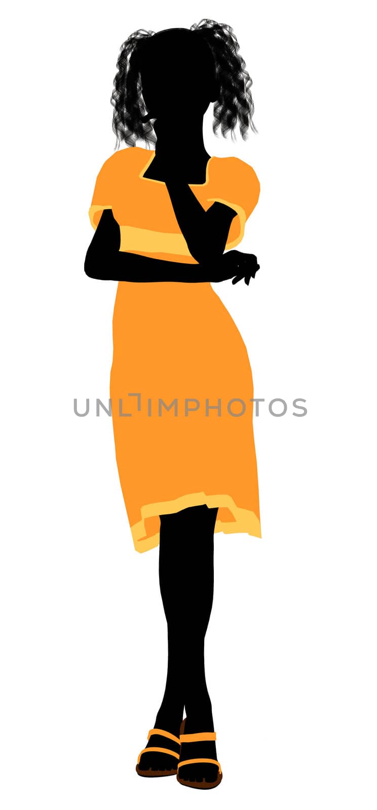 A girl silhouette fashionably dressed in a yellow dress on a white background