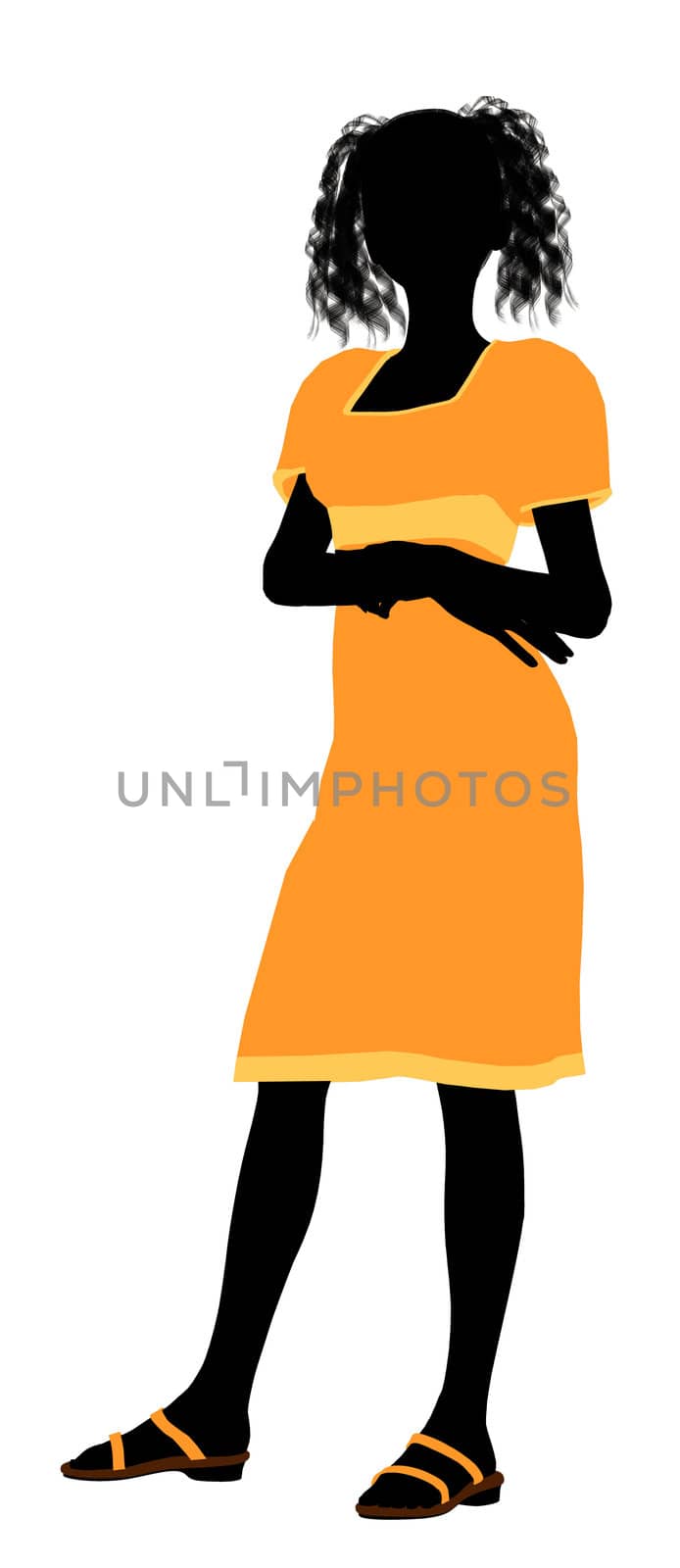 A girl silhouette fashionably dressed in a yellow dress on a white background