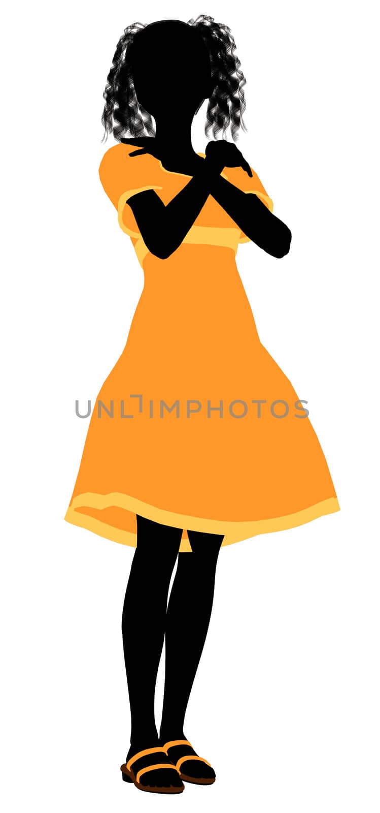 A girl silhouette fashionably dressed in a yellow dress on a white background