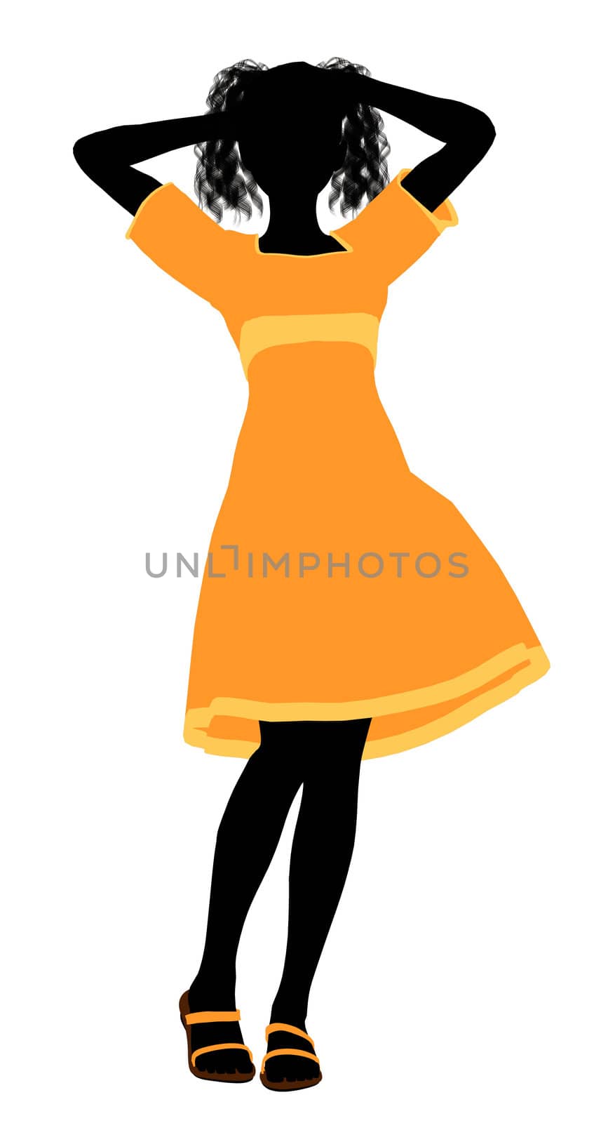 A girl silhouette fashionably dressed in a yellow dress on a white background