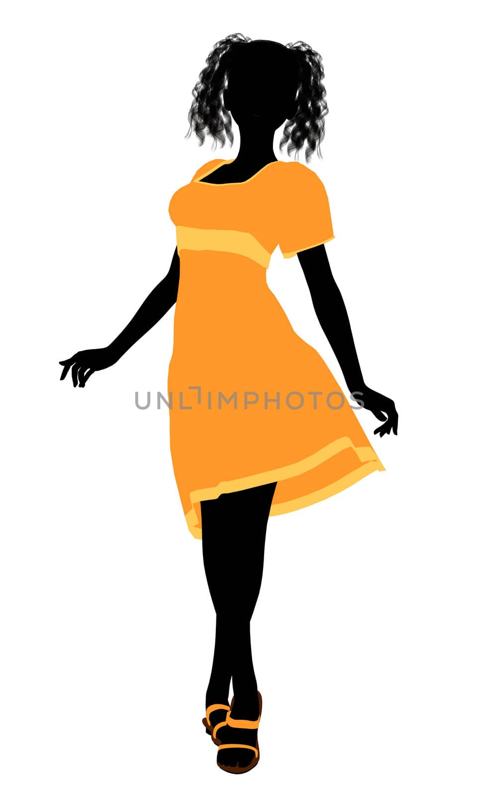 A girl silhouette fashionably dressed in a yellow dress on a white background