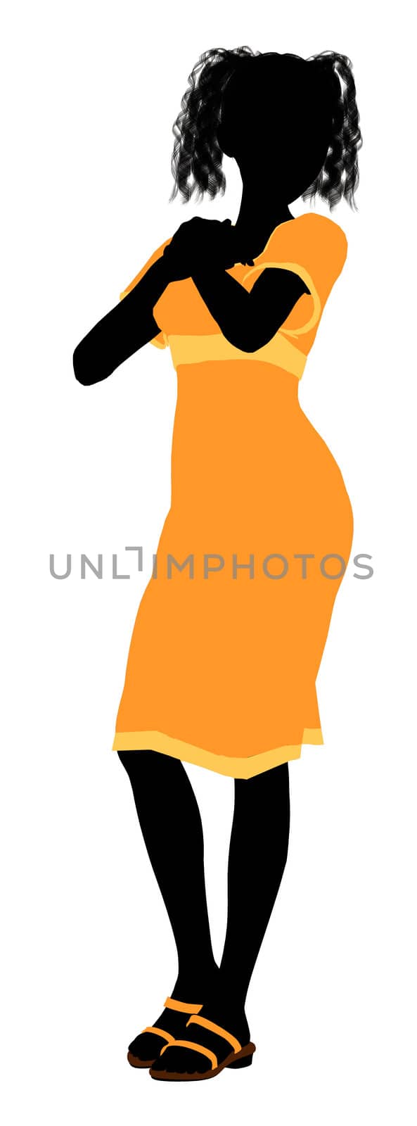 A girl silhouette fashionably dressed in a yellow dress on a white background