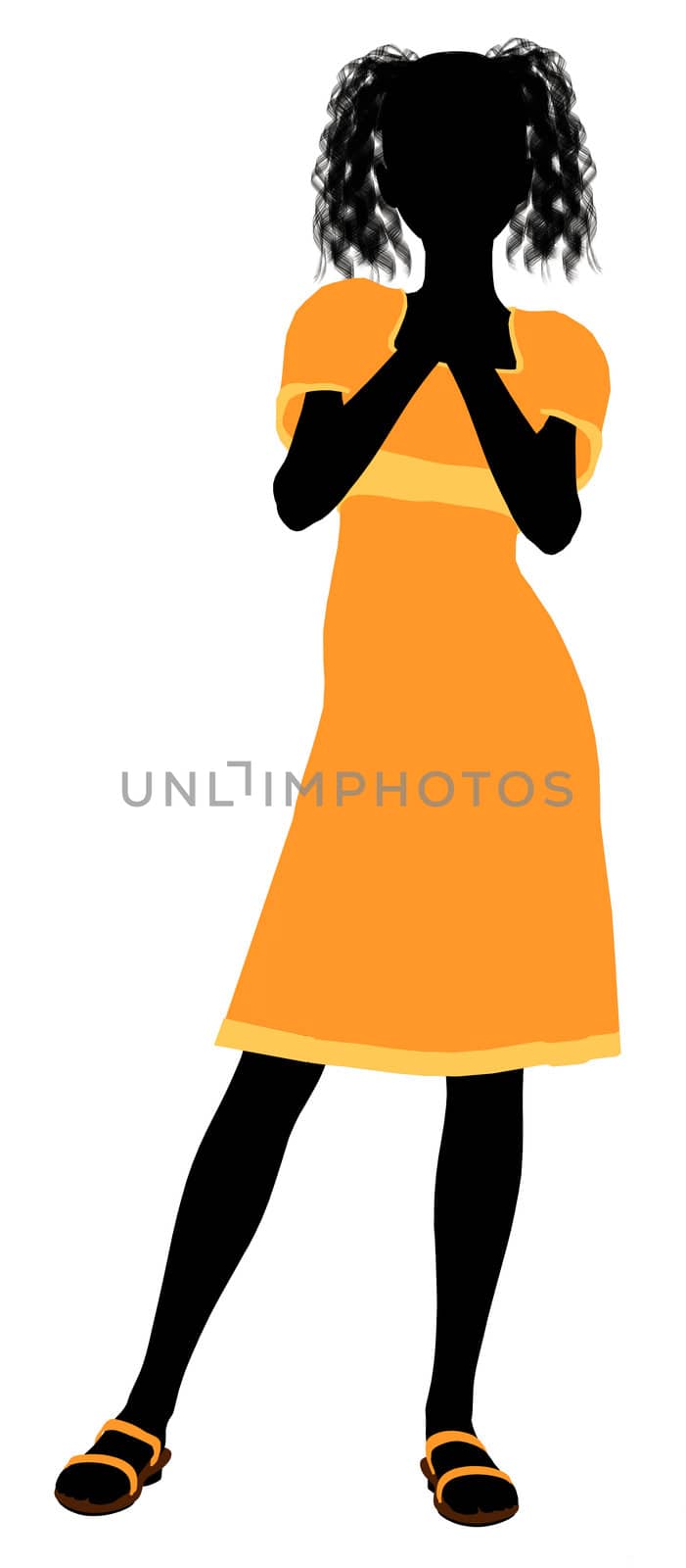 A girl silhouette fashionably dressed in a yellow dress on a white background