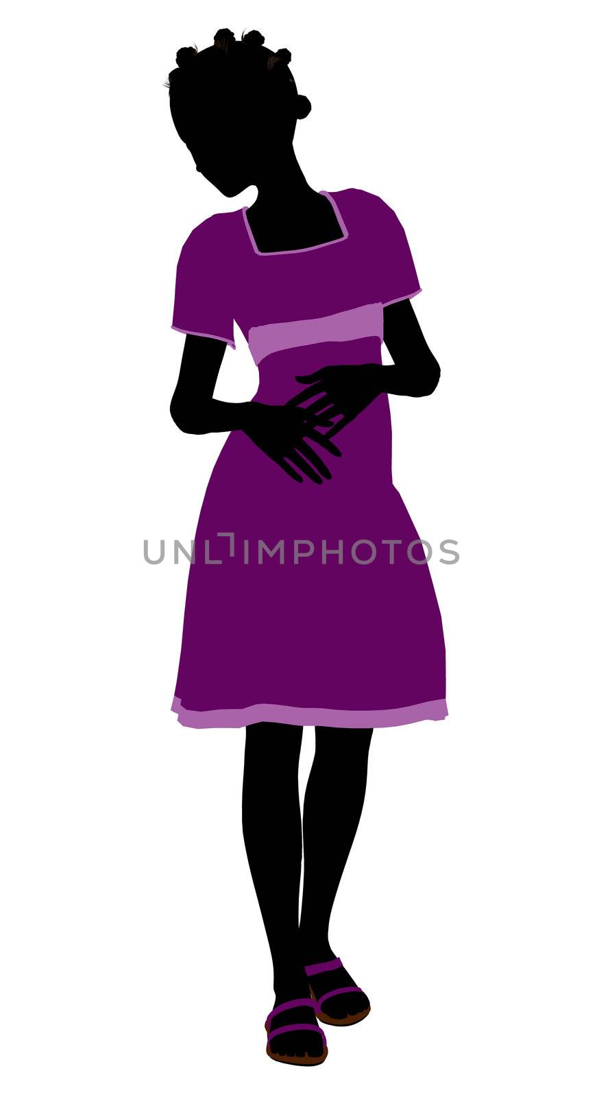 A girl silhouette fashionably dressed in a purple dress on a white background