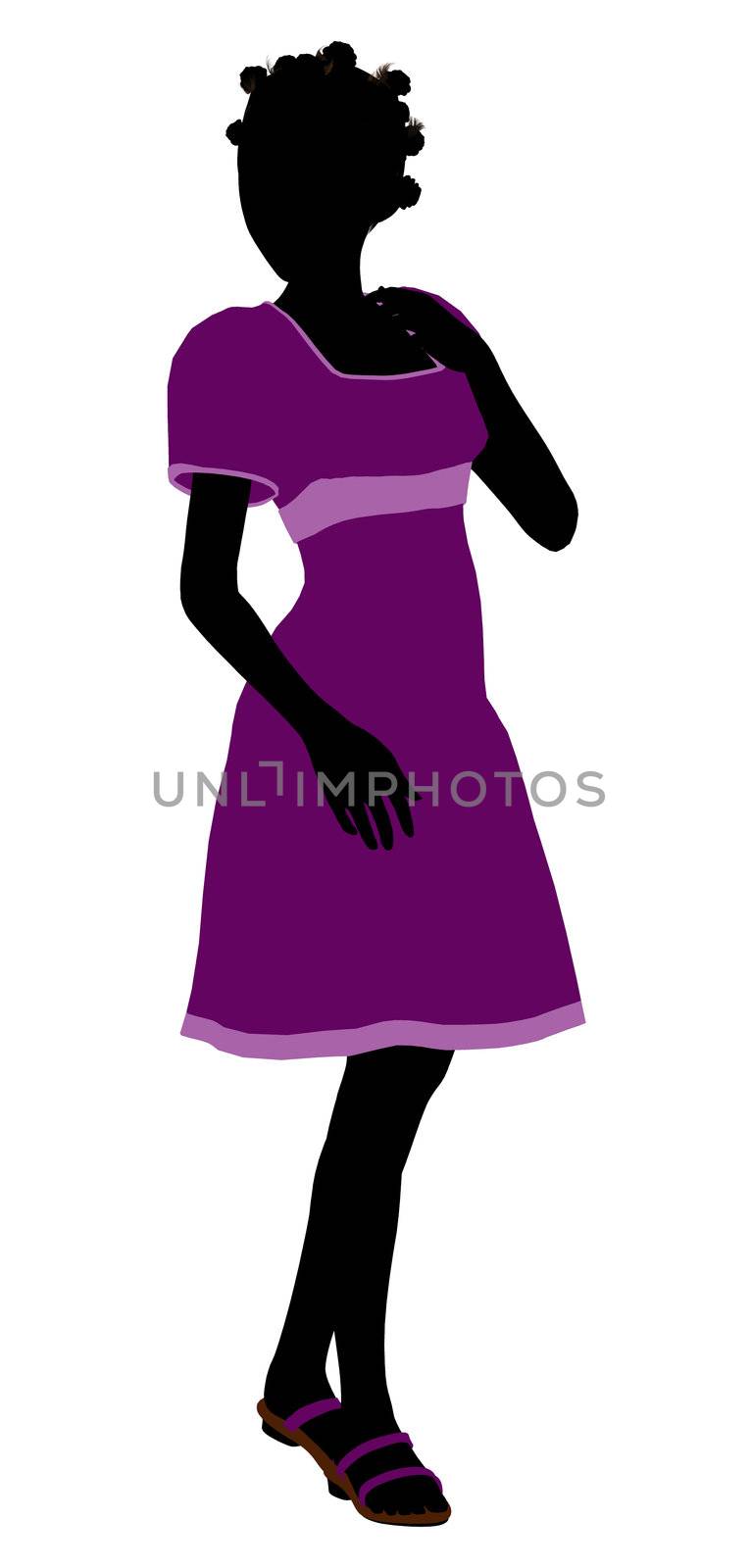 A girl silhouette fashionably dressed in a purple dress on a white background