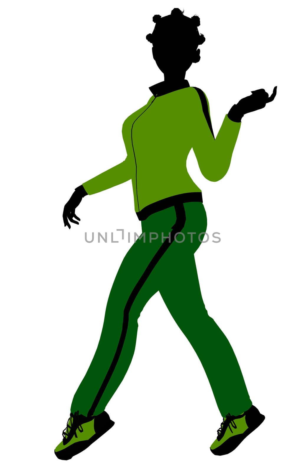African american female jogger silhouette dressed in a green sports suit on a white background