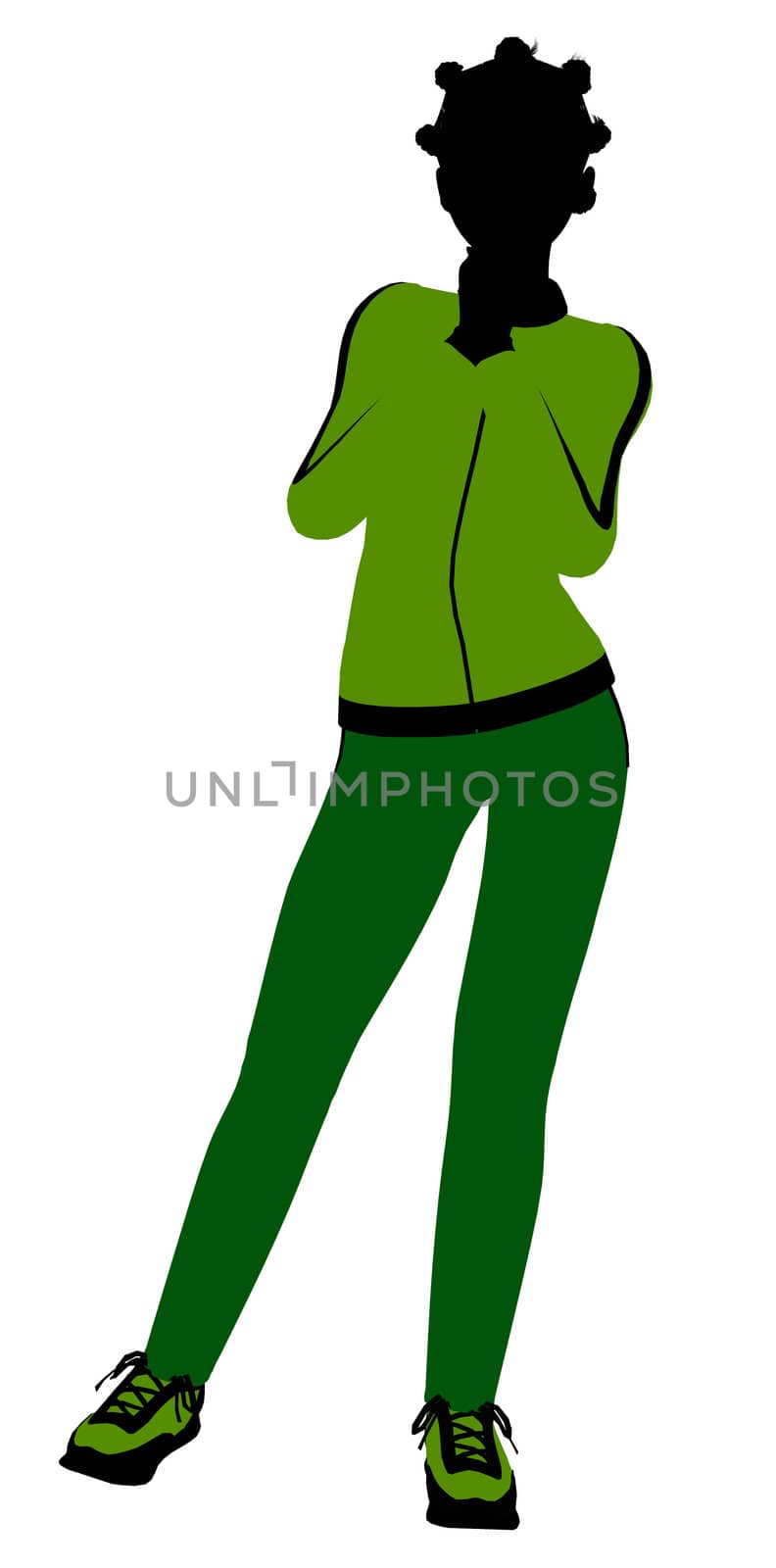 African american female jogger silhouette dressed in a green sports suit on a white background