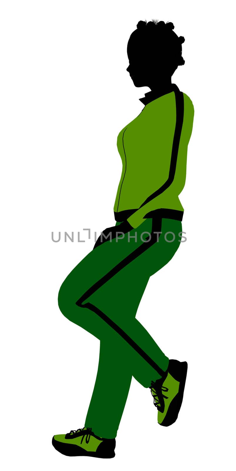 African american female jogger silhouette dressed in a green sports suit on a white background