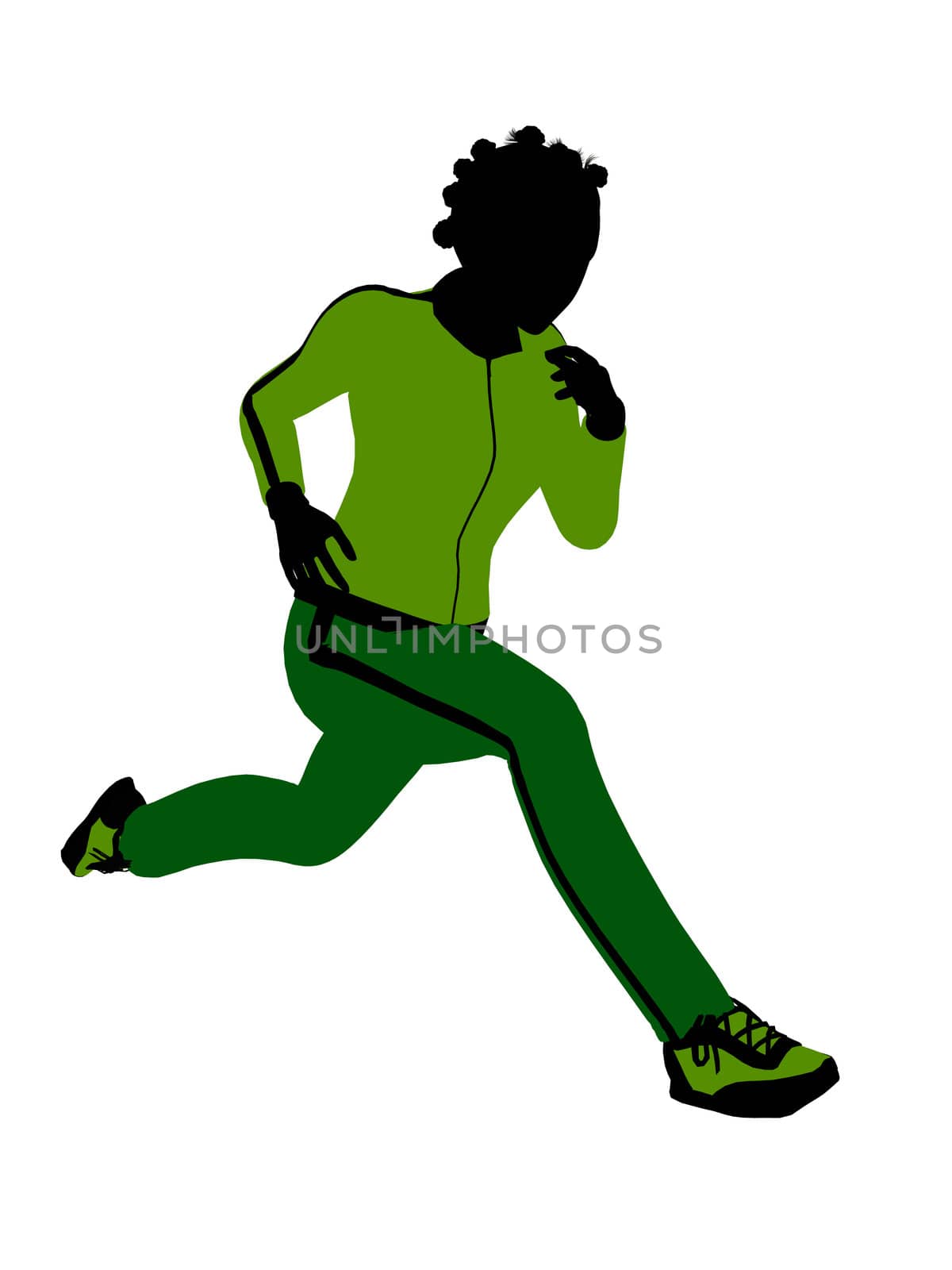 African american female jogger silhouette dressed in a green sports suit on a white background