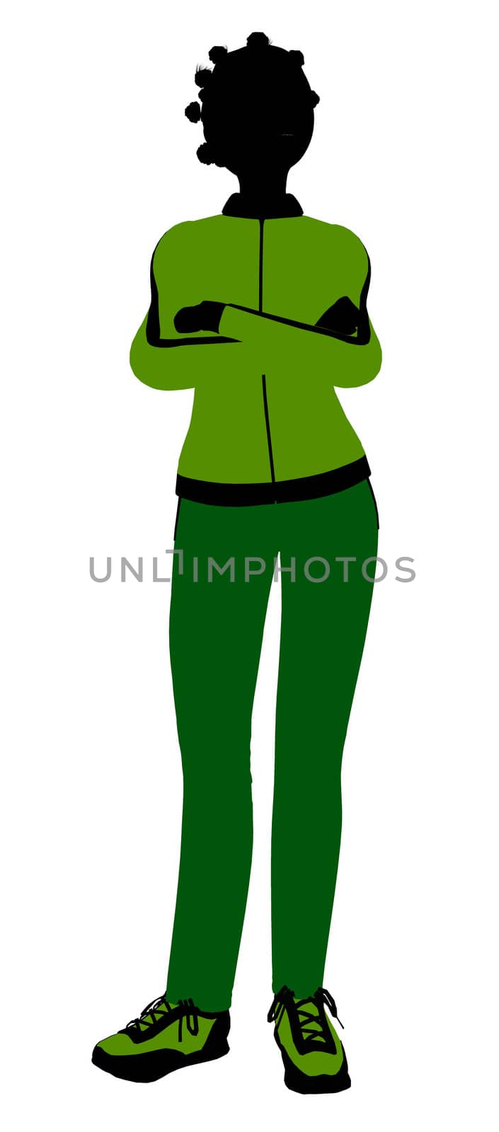 African american female jogger silhouette dressed in a green sports suit on a white background