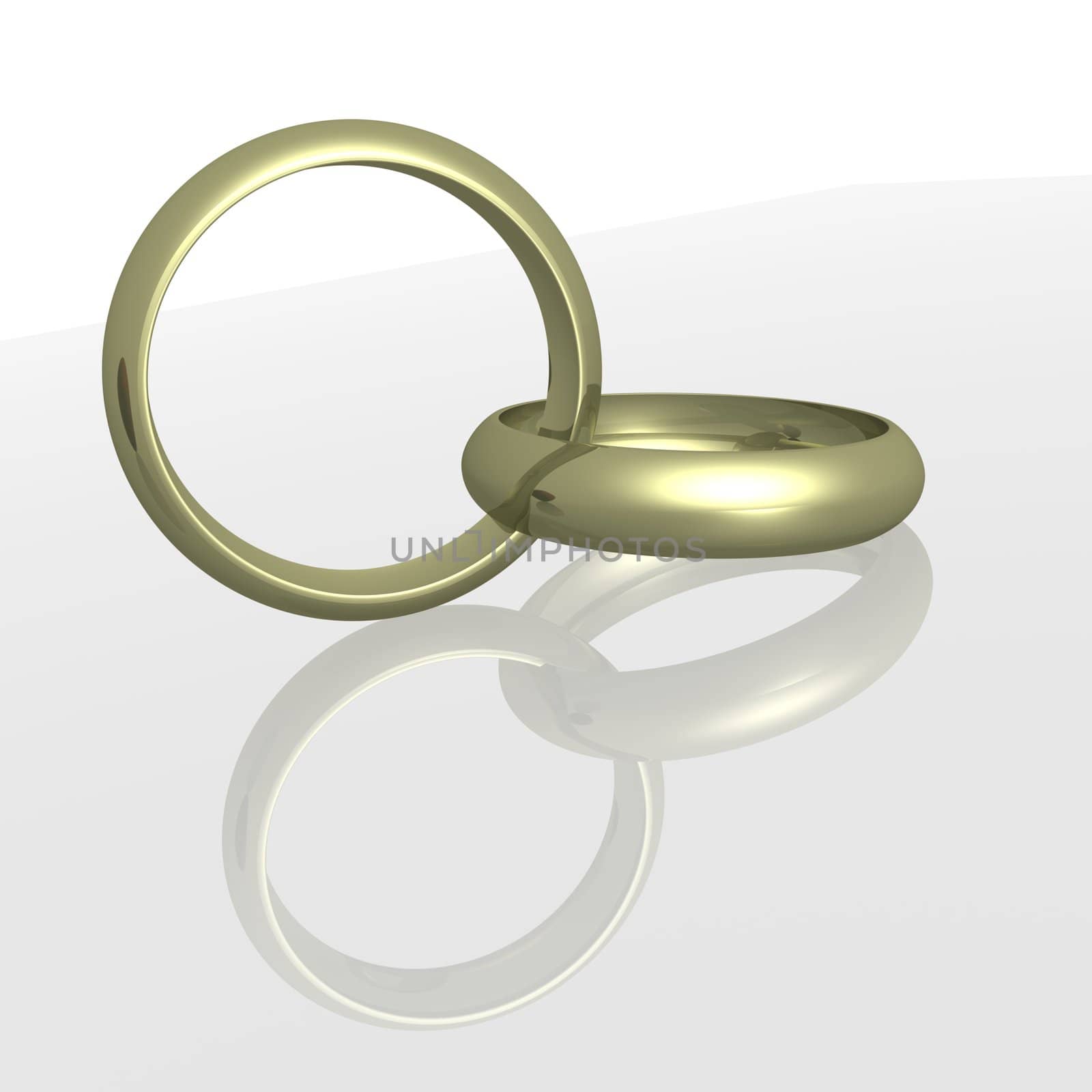 Two wedding rings with reflection. the 3D image.