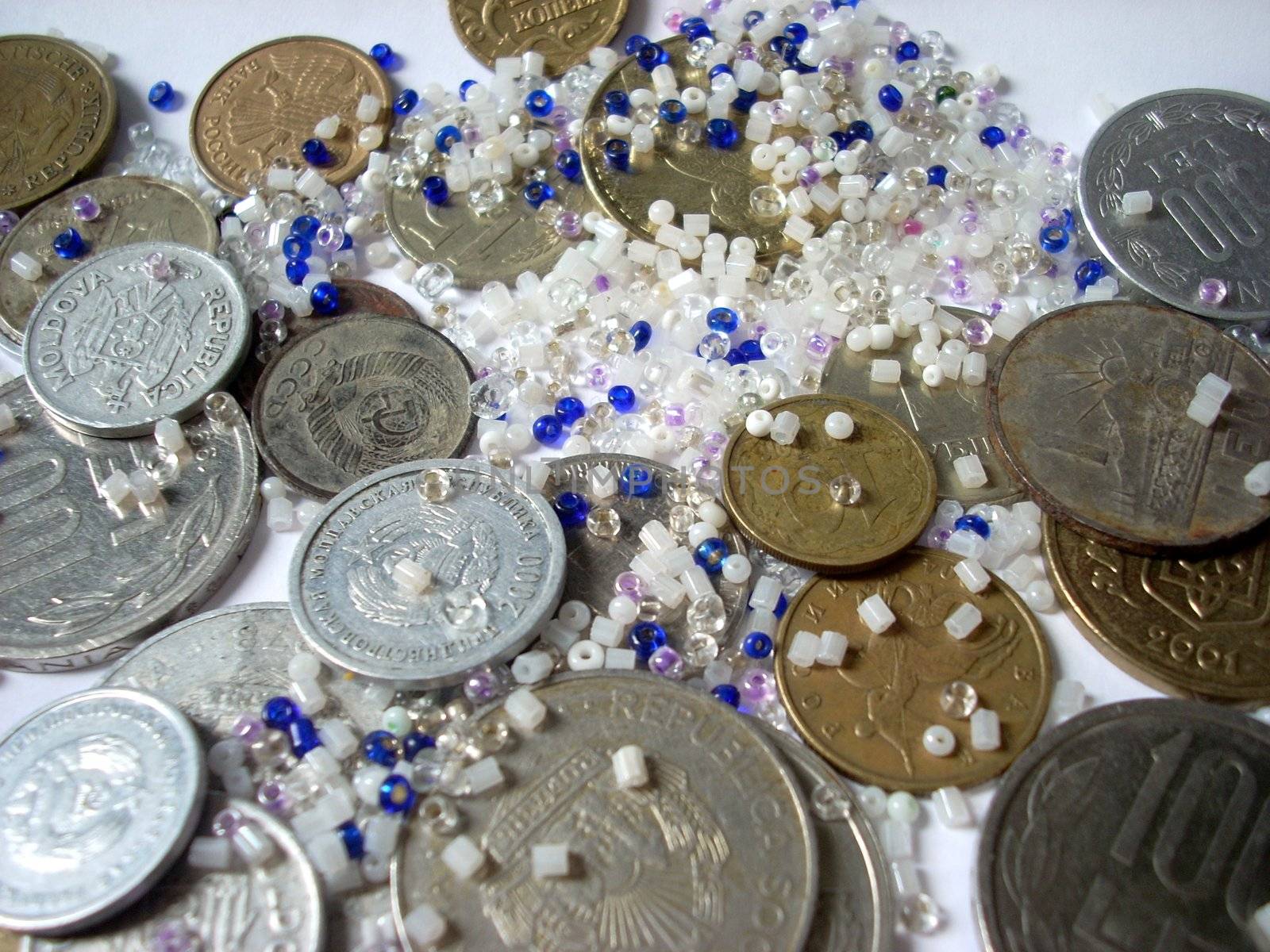 Money: some coins and glass beads