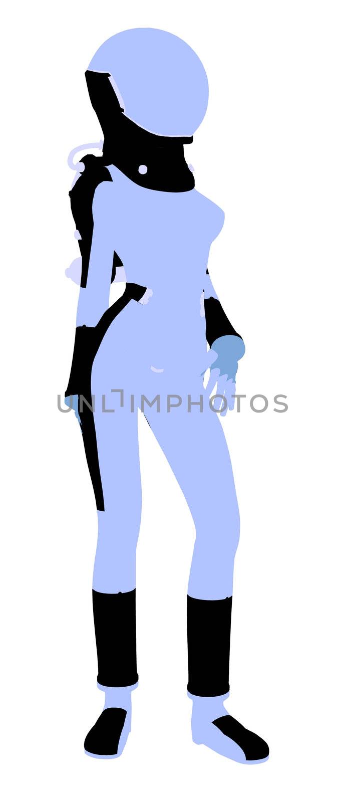 A female astronaut silhouette illustration on a white background