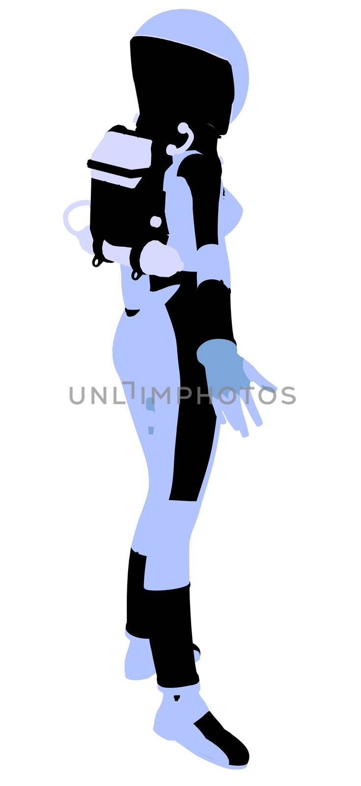 A female astronaut silhouette illustration on a white background