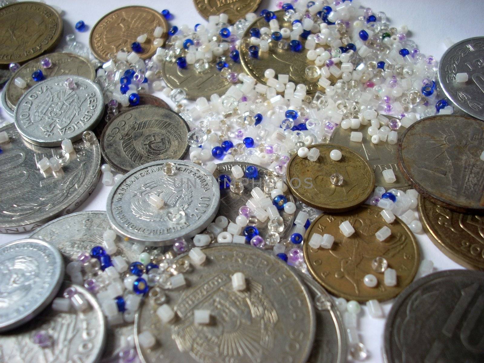 Money: some coins and glass beads